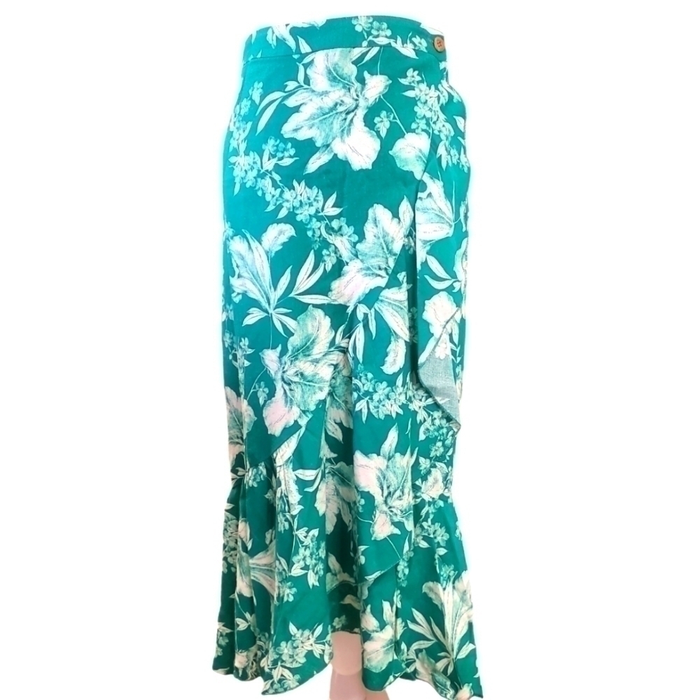 ZARA Linen Blend Beachy Tropical Floral Print Wrap Midi Skirt Sz XS